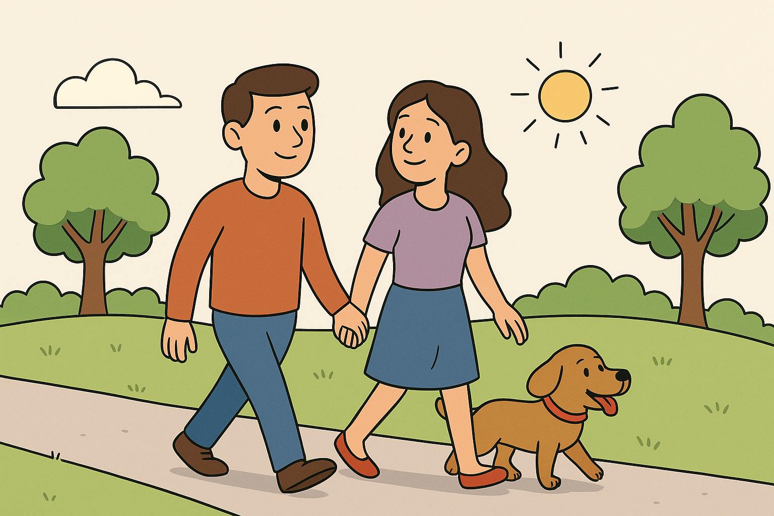 Cartoon friends walking outside